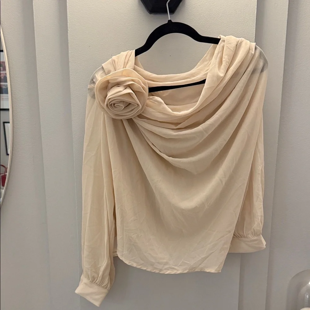 Commense | Tops | Commense Cream Drape Blouse With Floral Detail | Poshmark